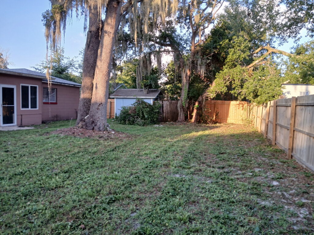 After backyard landscaping cleanup with grass cut lower and fence line cleared