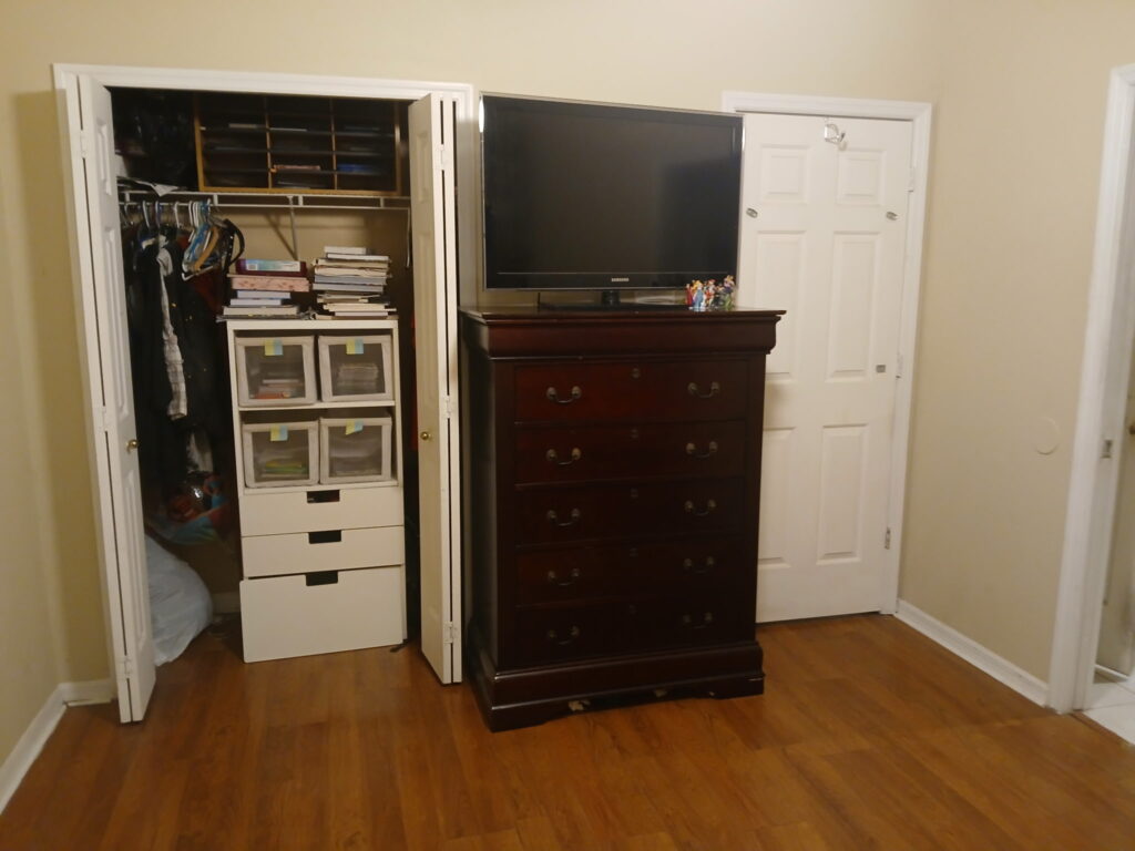 Bedroom and closet organization with dresser and closet storage area