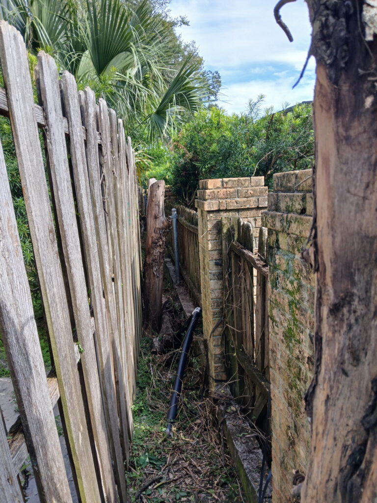 Cleared fence-line path after lawn cleanup beside a wooden fence